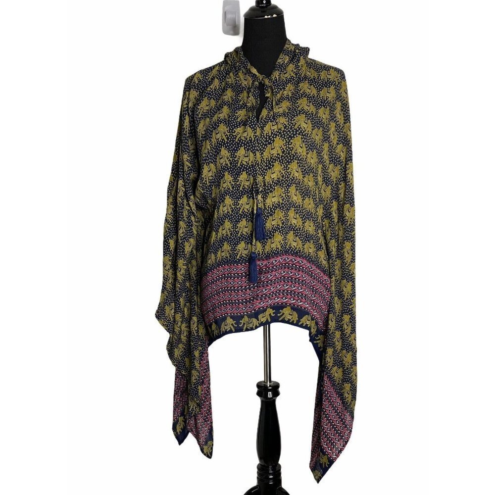 Raga Womens Multicolor Pullover Elephant‎ Print Poncho Tunic Blouse Size Small